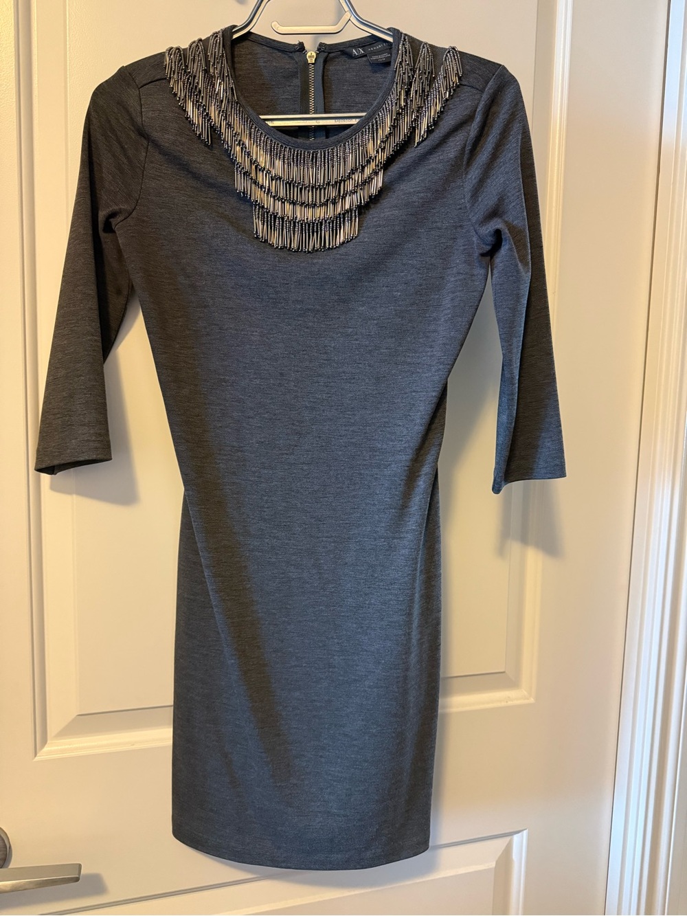 Armani Exchange Women’s Grey Beaded Neckline Fitted Dress